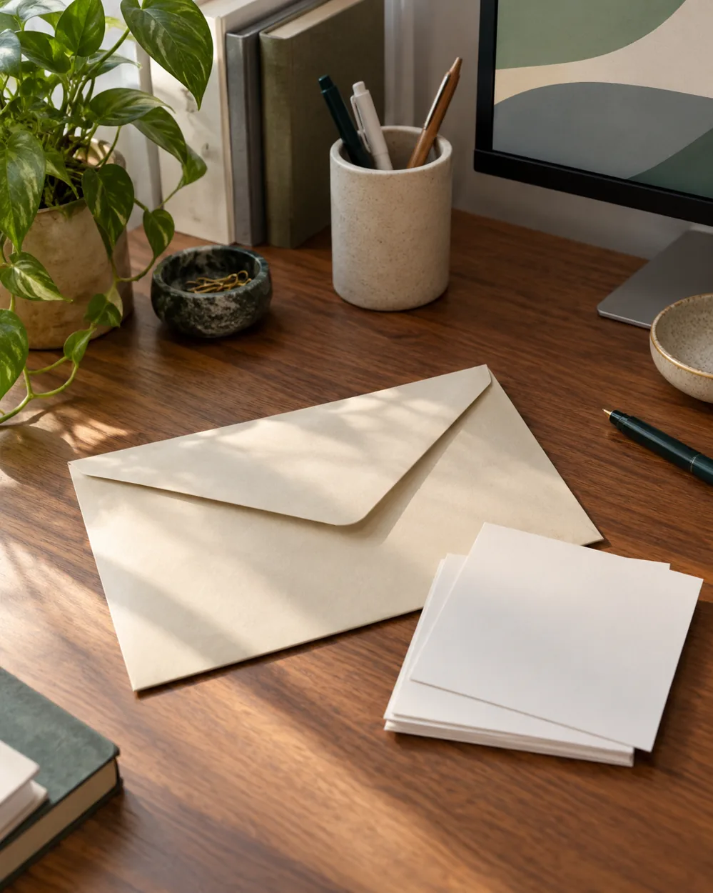 plain unmarked large envelope beside blank reference cards