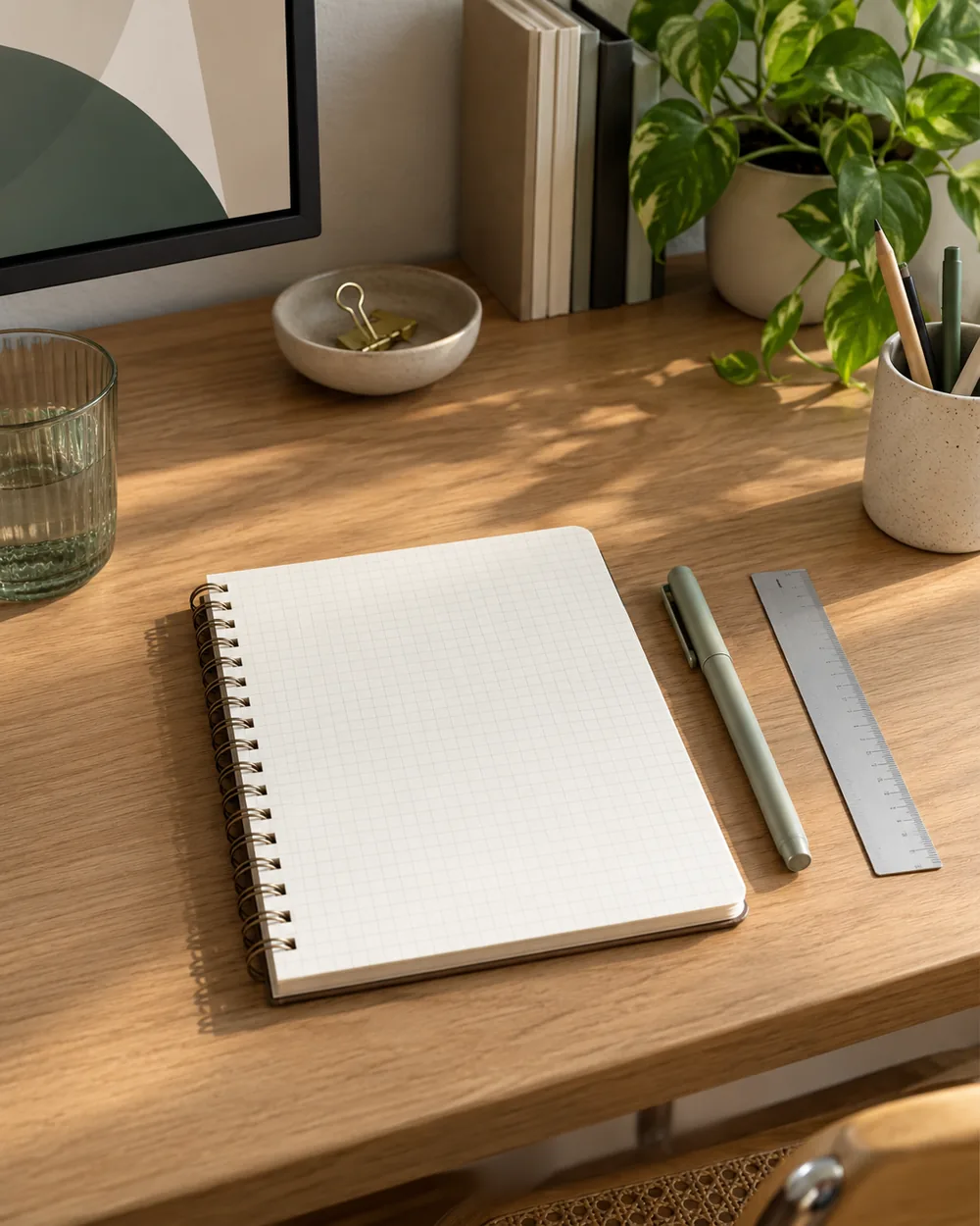 blank grid sketch notebook beside capped pen and plain ruler