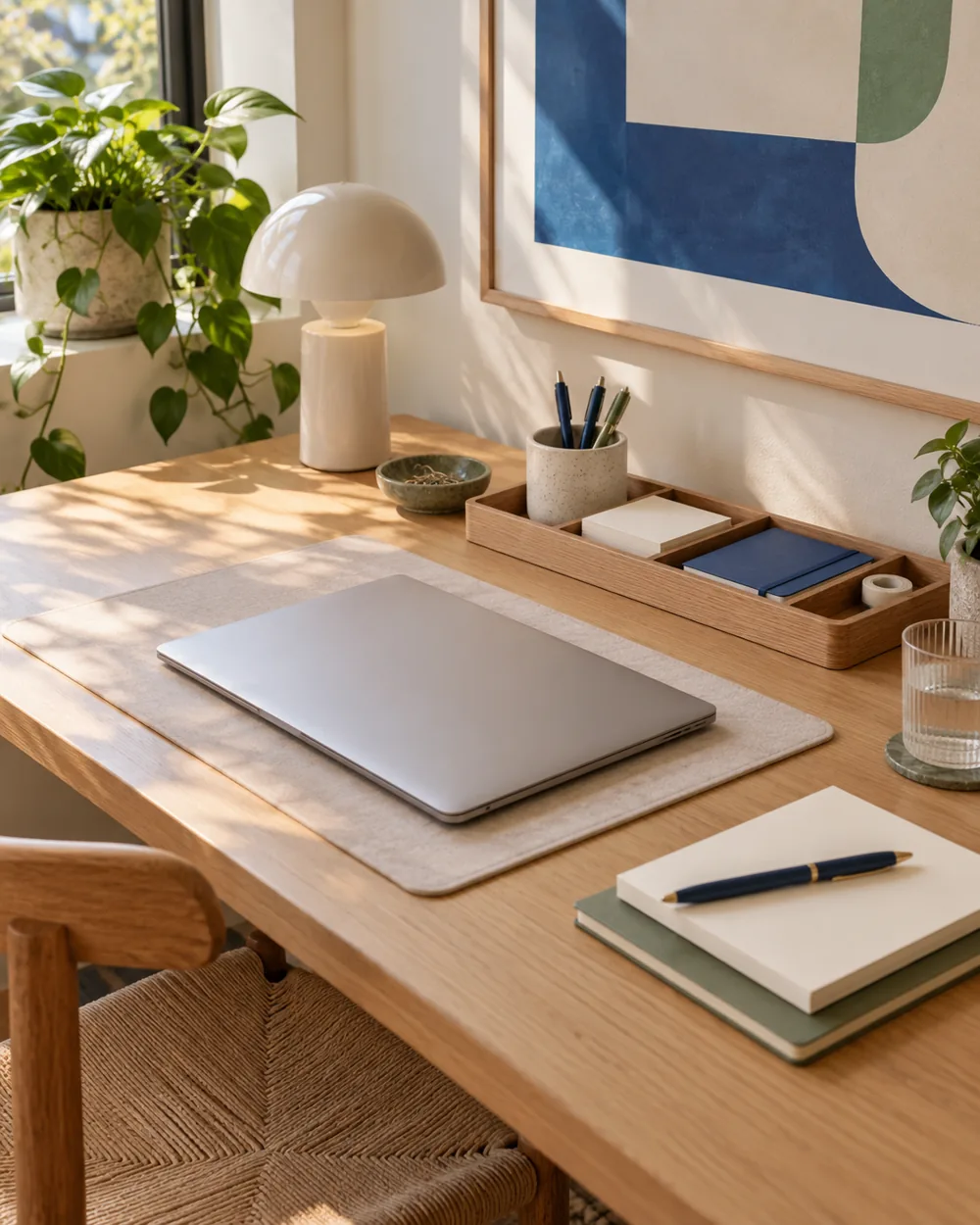 closed plain laptop and stationery returned to shallow tray