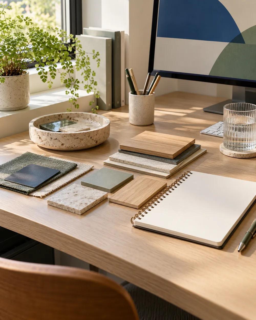 neutral desk surface samples beside blank material record notebook