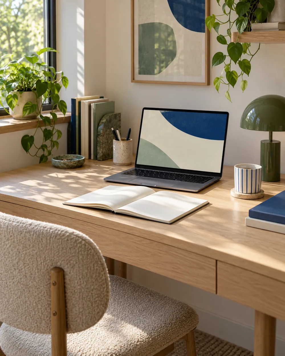 compact desk with plain laptop abstract screen and open blank notebook