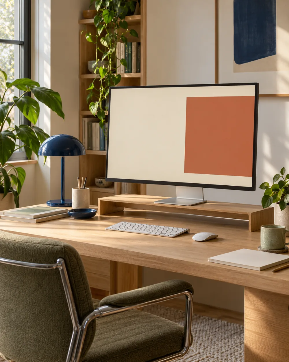 plain monitor displaying cream background with terracotta geometric rectangle to one side, no text