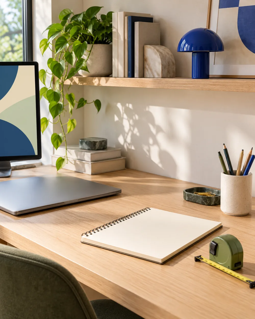 empty plain desk shelf beside measuring tape and blank notebook