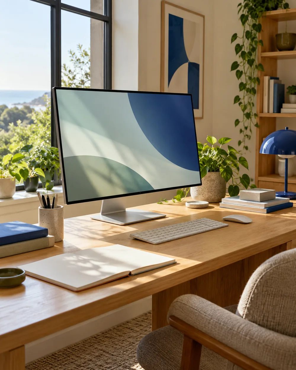 plain monitor at angle near window, abstract screen with subtle light reflection