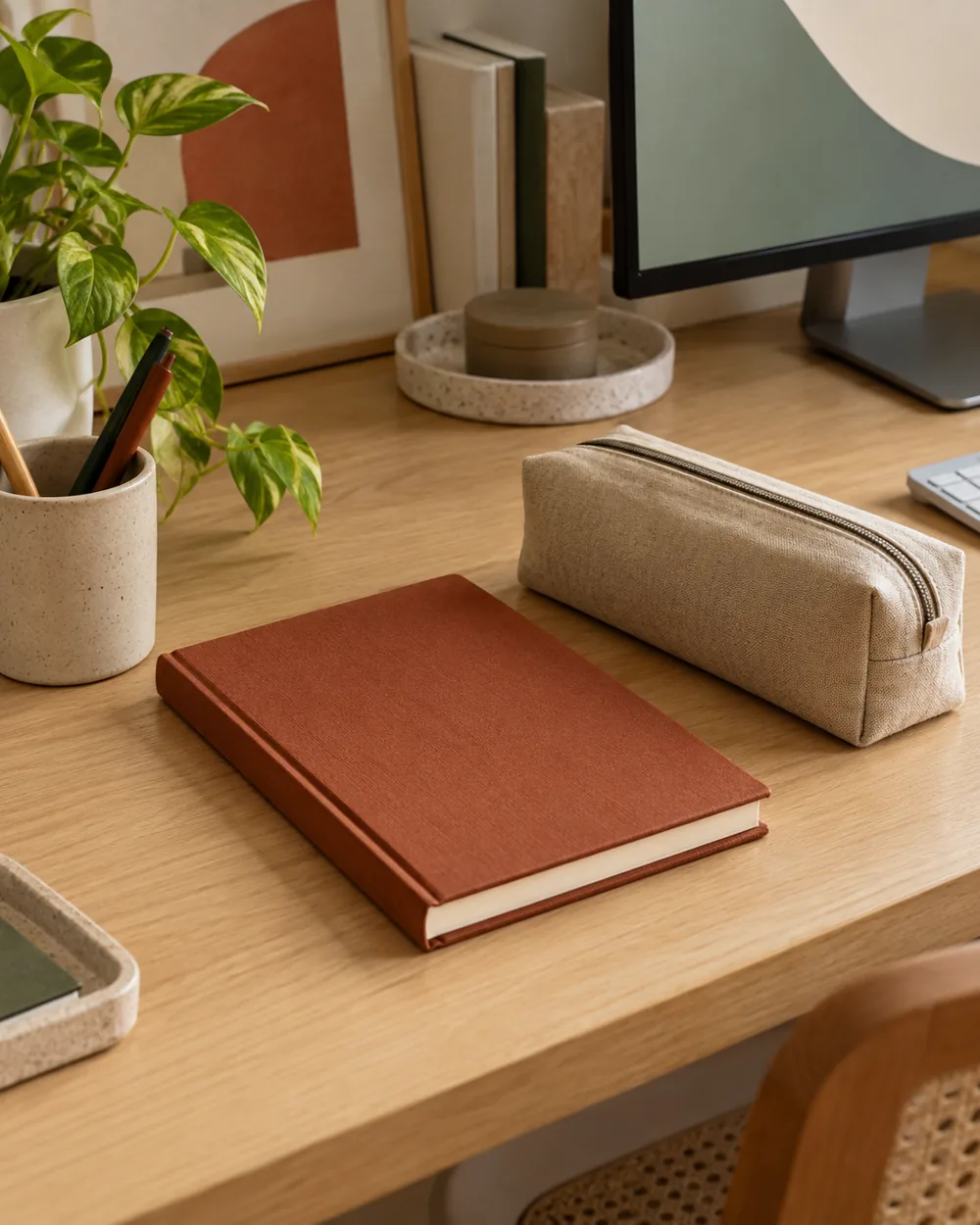 rust closed notebook beside sand fabric storage pouch on clean desk