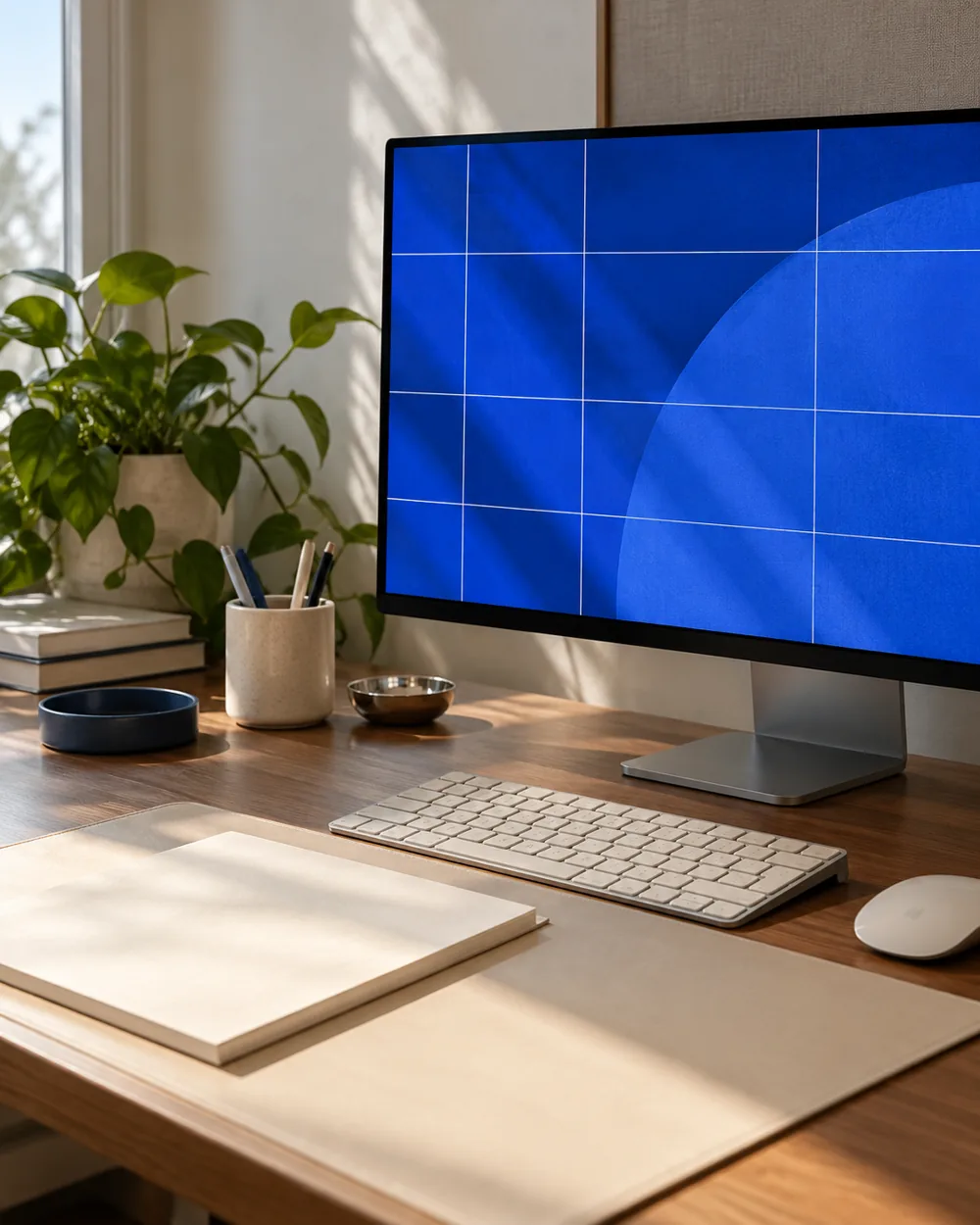 plain monitor showing abstract cobalt grid beside cream mat and plain keyboard