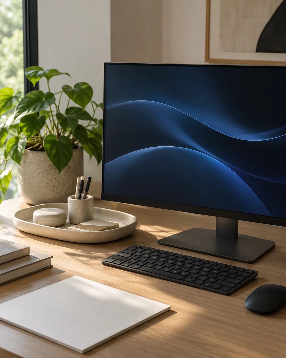 plain monitor showing dark abstract blue wave beside cream ceramic tray