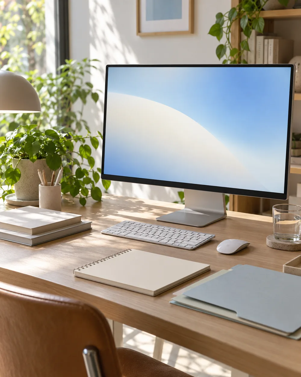 plain monitor showing pale blue cream gradient beside blank folders
