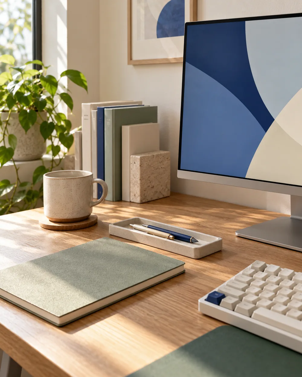 close desk corner with keyboard edge plain pen tray and notebook