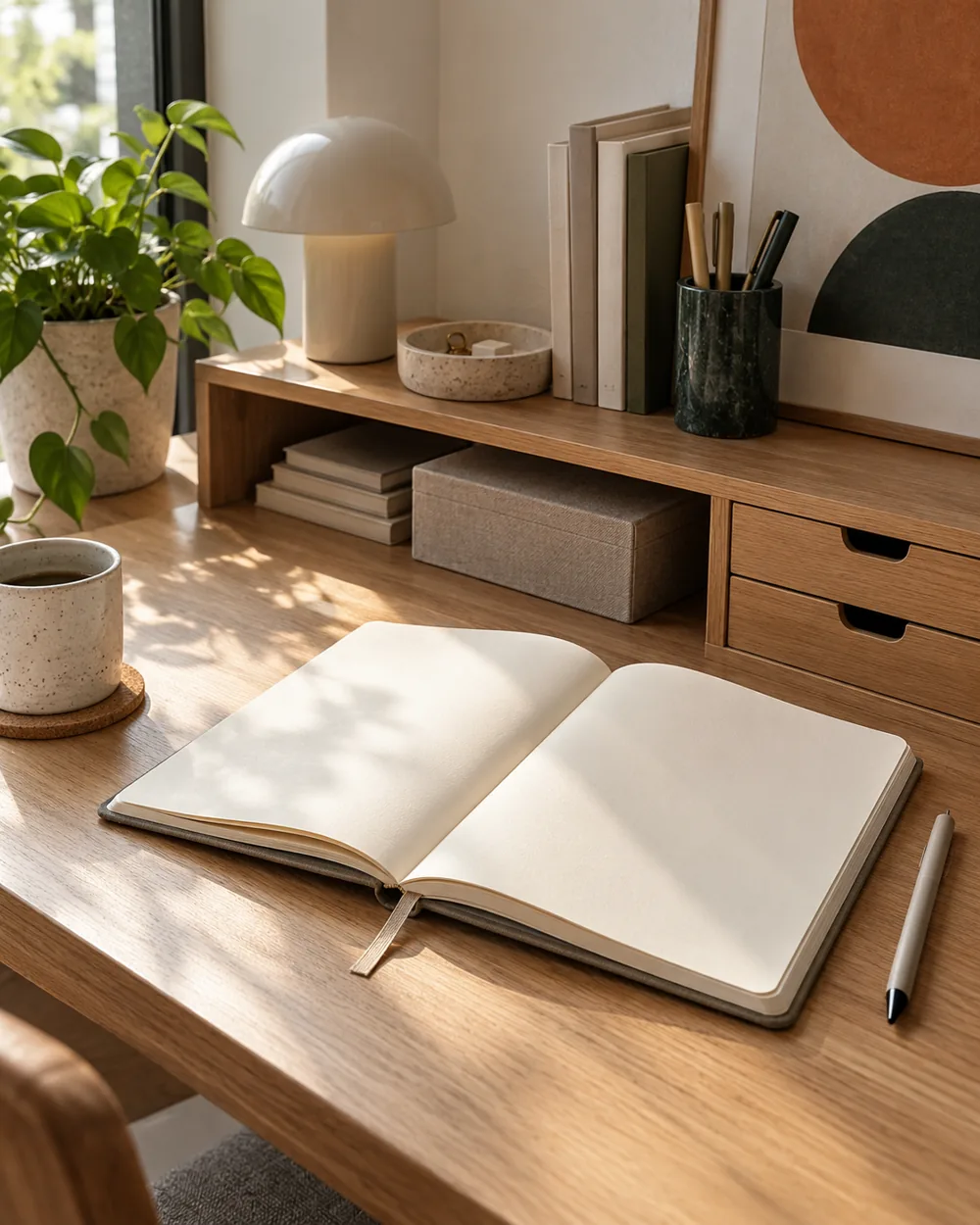 open blank notebook on desk with simple nearby low shelf