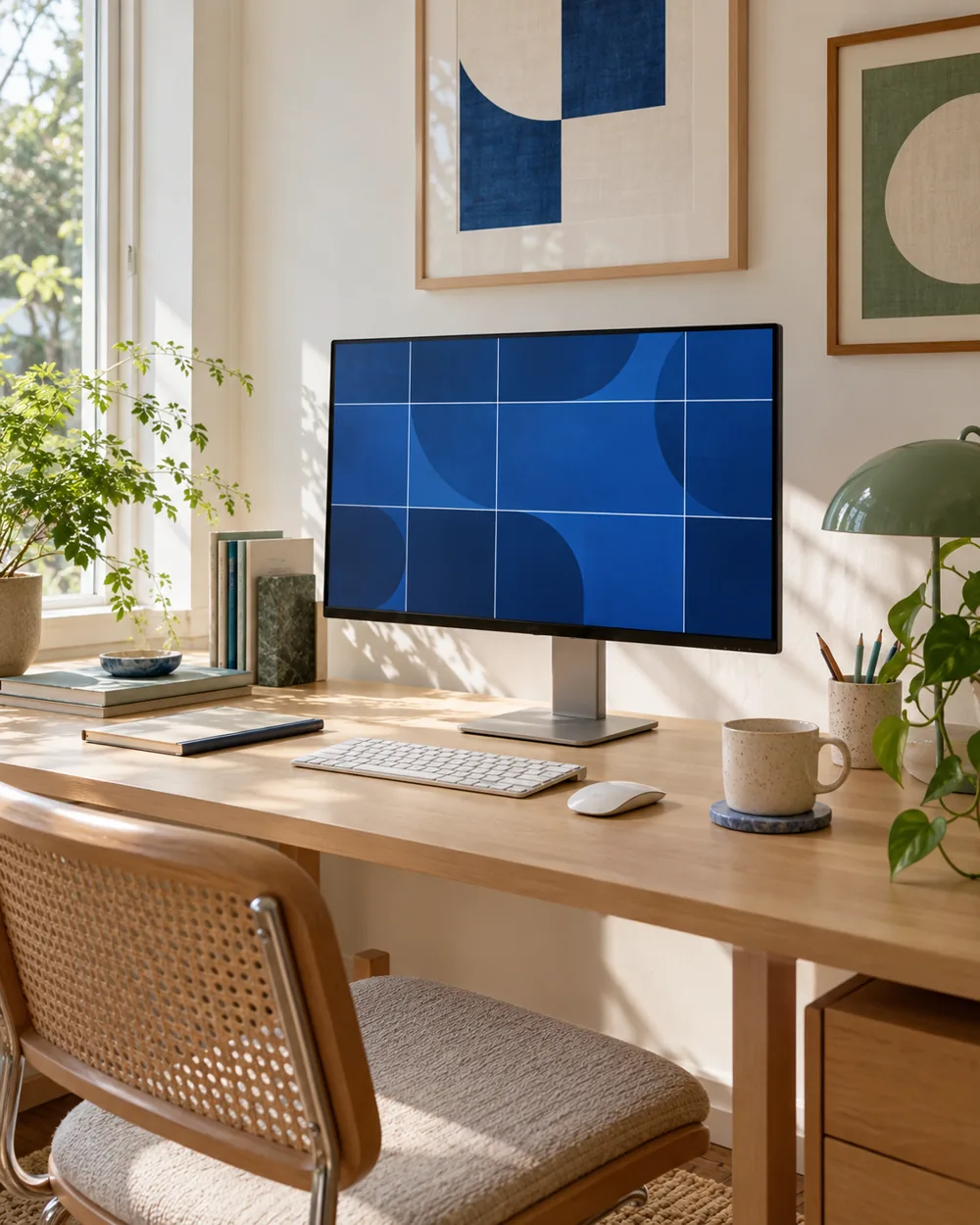 plain monitor on clean desk displaying abstract cobalt blue grid wallpaper, no text or icons