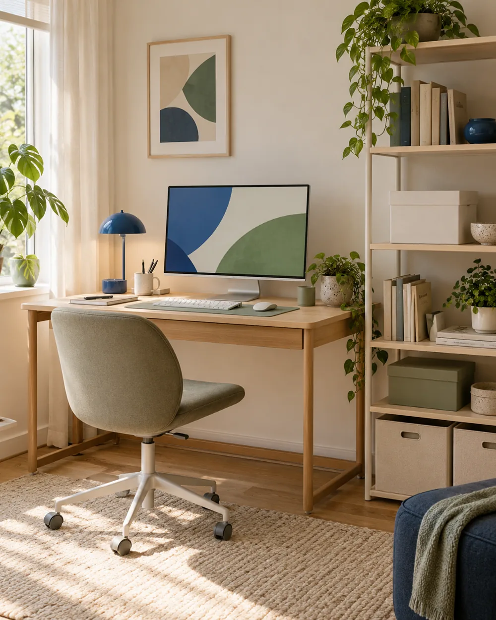 compact desk zone beside plain storage shelf in neutral shared room, no people
