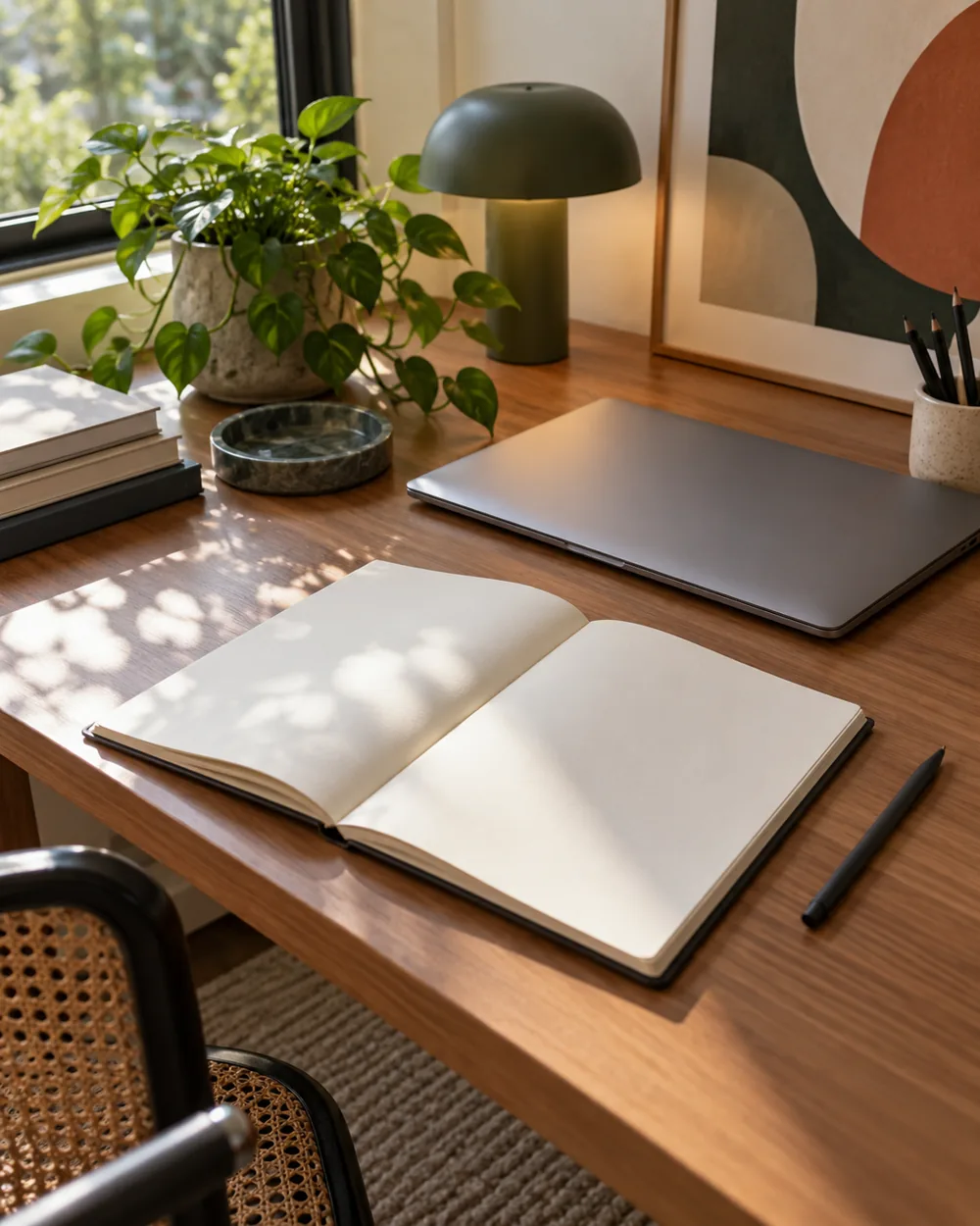 closed plain laptop set to side beside open blank book on broad desk