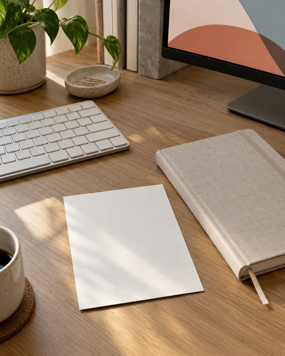 blank question card beside closed notebook and plain keyboard