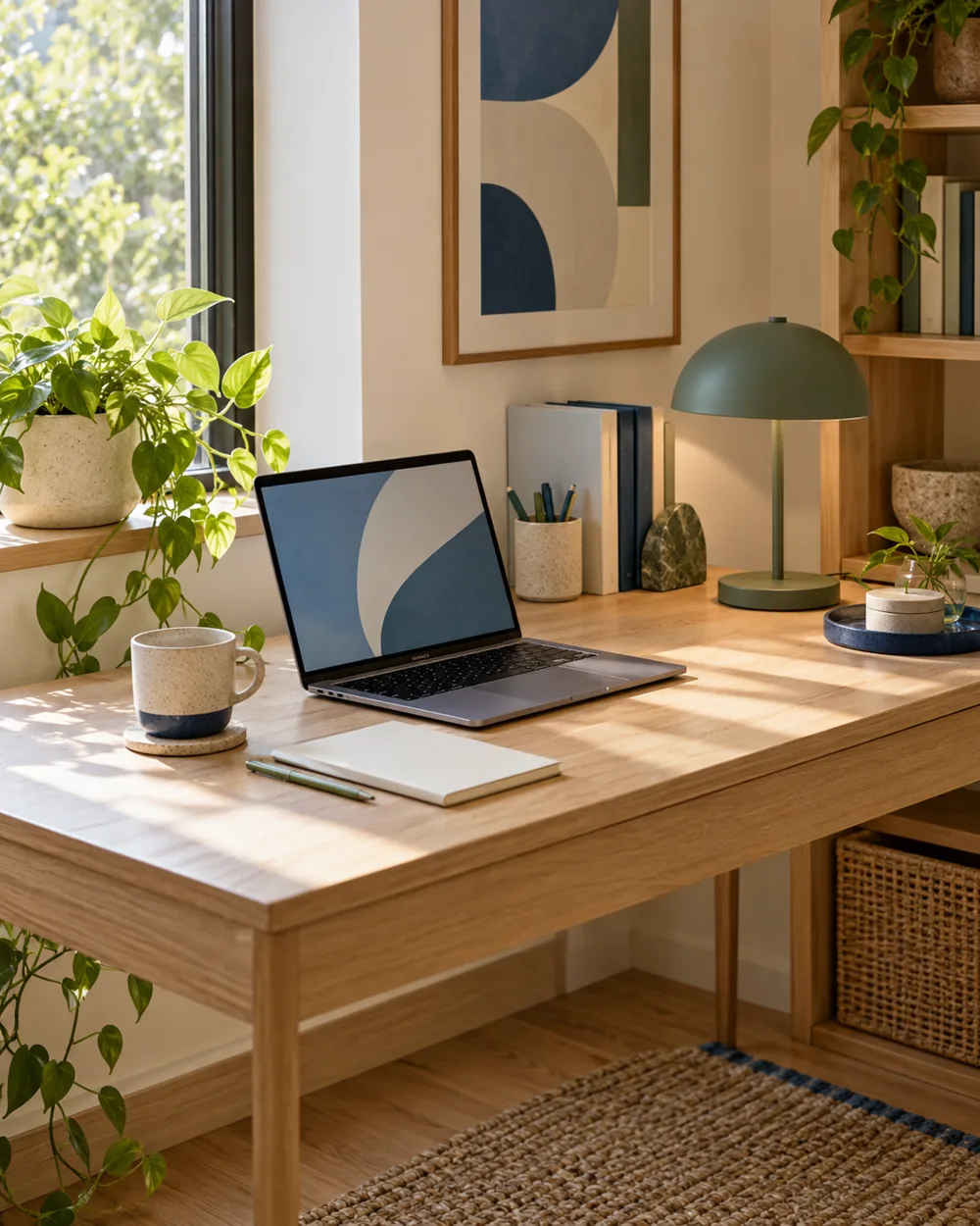 narrow desk with plain laptop and small notebook, no chair or person