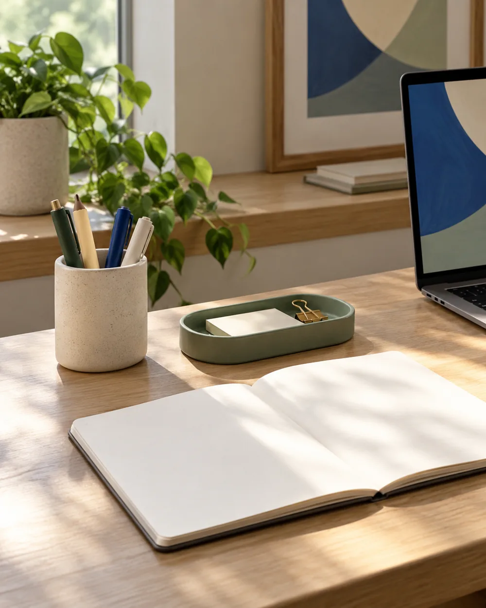 two simple neutral desk accessories beside blank comparison notebook