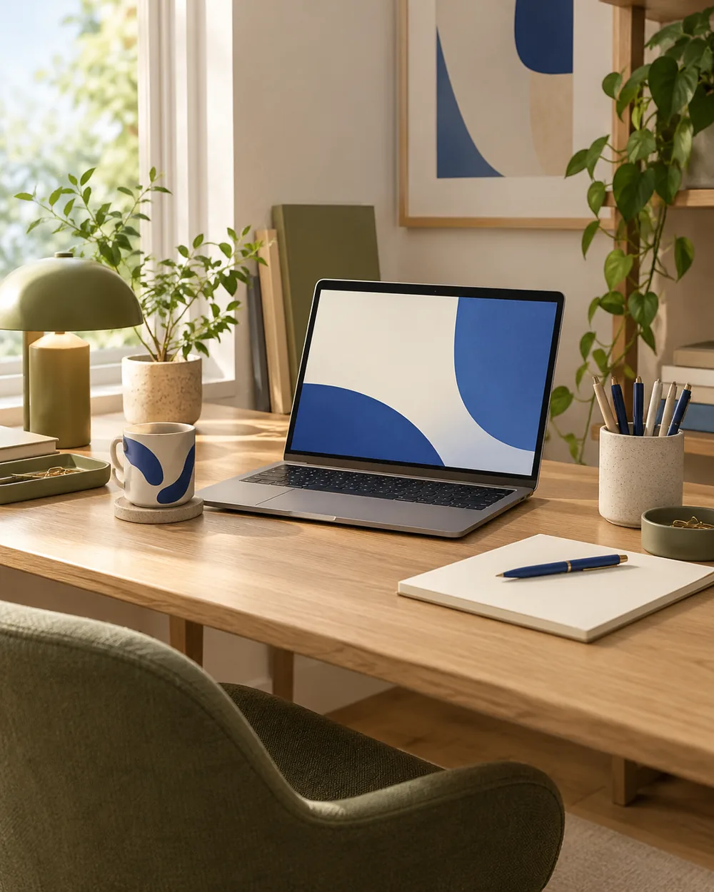 plain laptop displaying simple abstract cream and blue blocks without text
