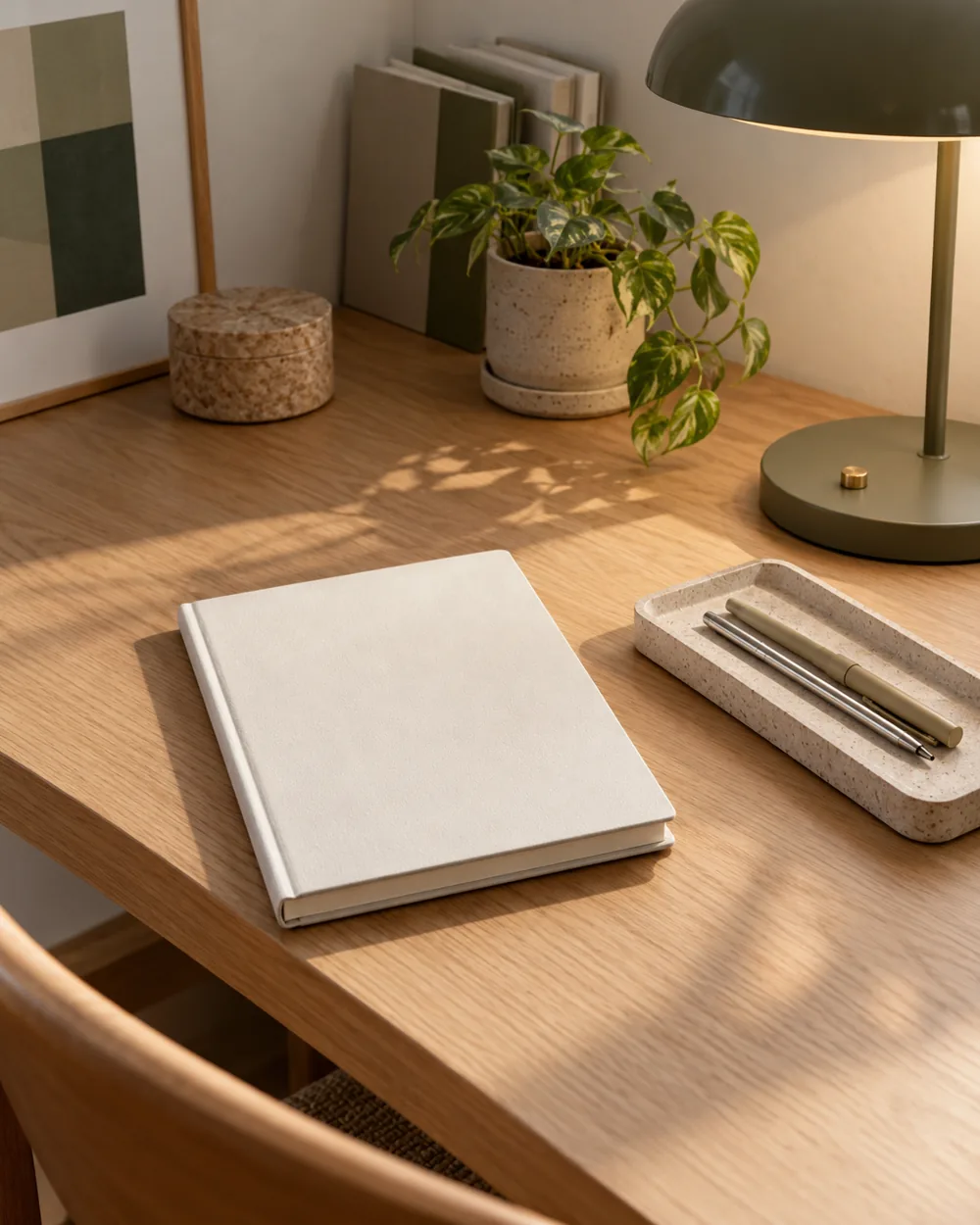 plain closed notebook pen tray and lamp on simple oak desk