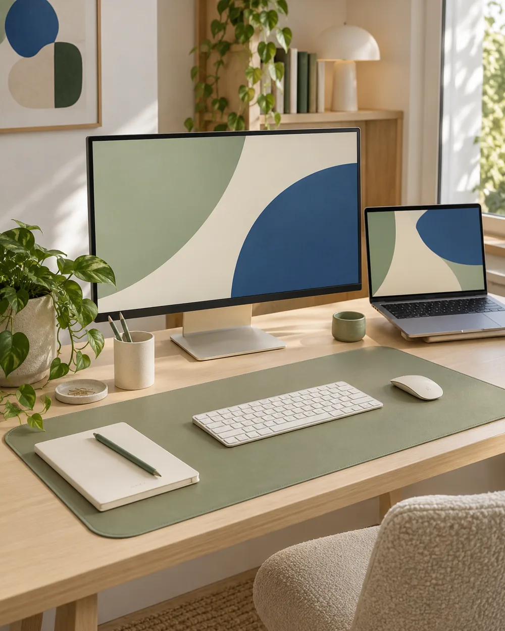sage desk mat and cream accessories on clean light desk with abstract screen