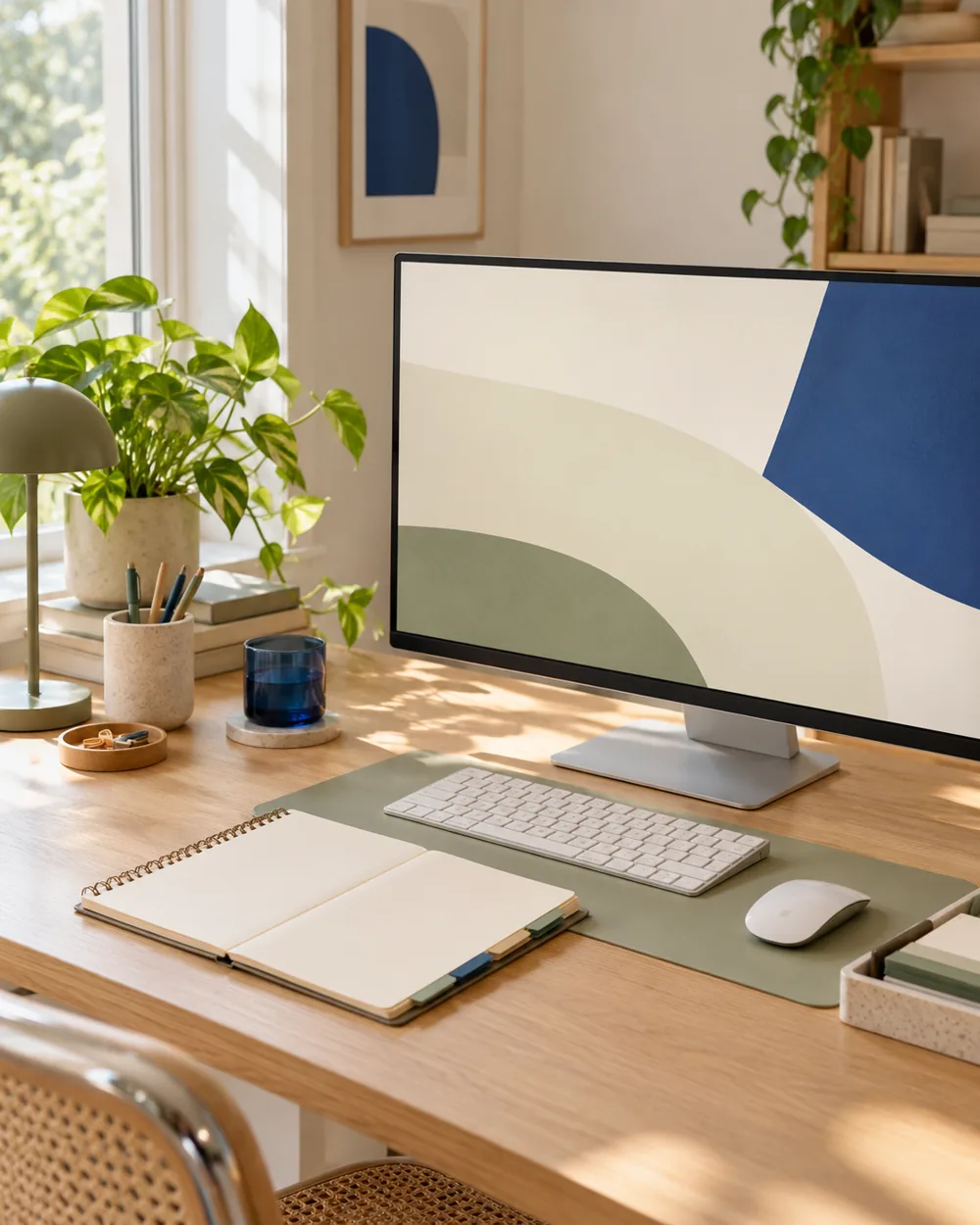 plain monitor abstract neutral screen beside blank categorized notebook