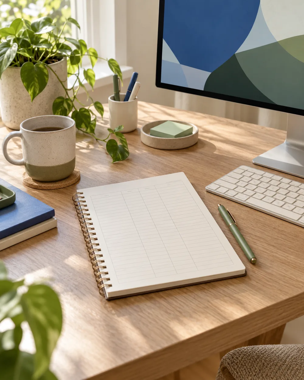 blank budget table notebook beside plain keyboard and pen