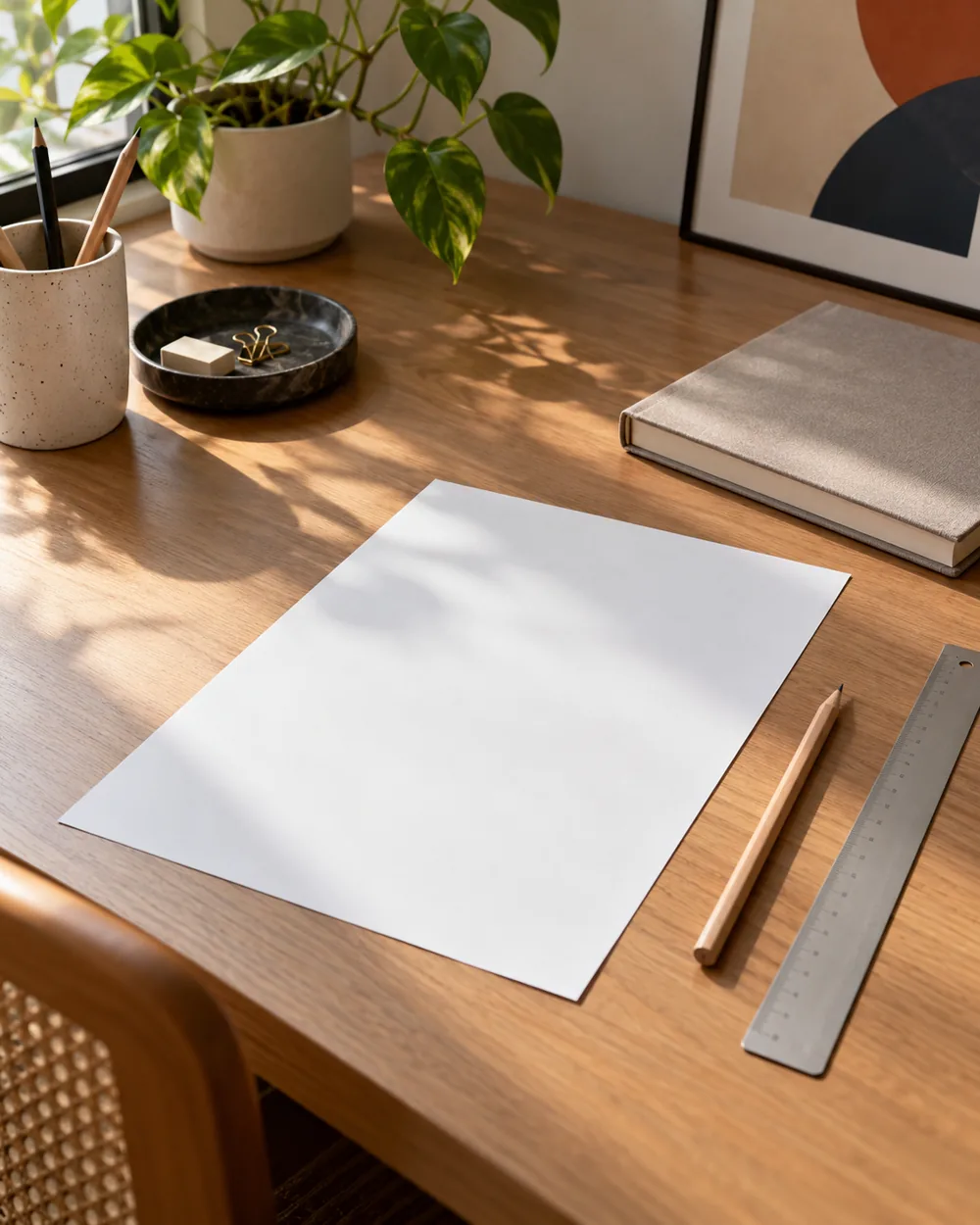 blank printout pencil plain ruler and closed notebook on desk