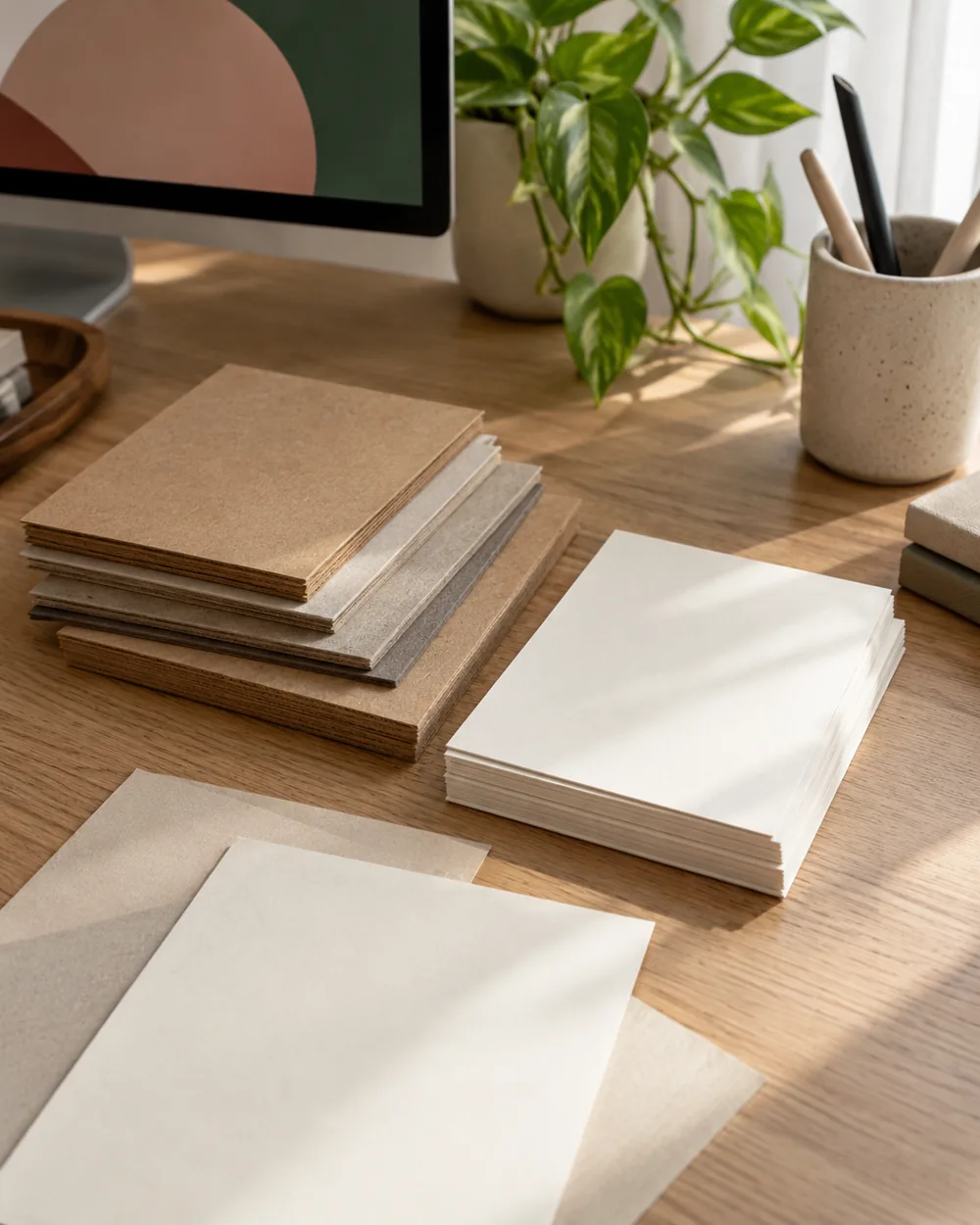 plain unmarked cardboard samples beside blank paper cards on desk