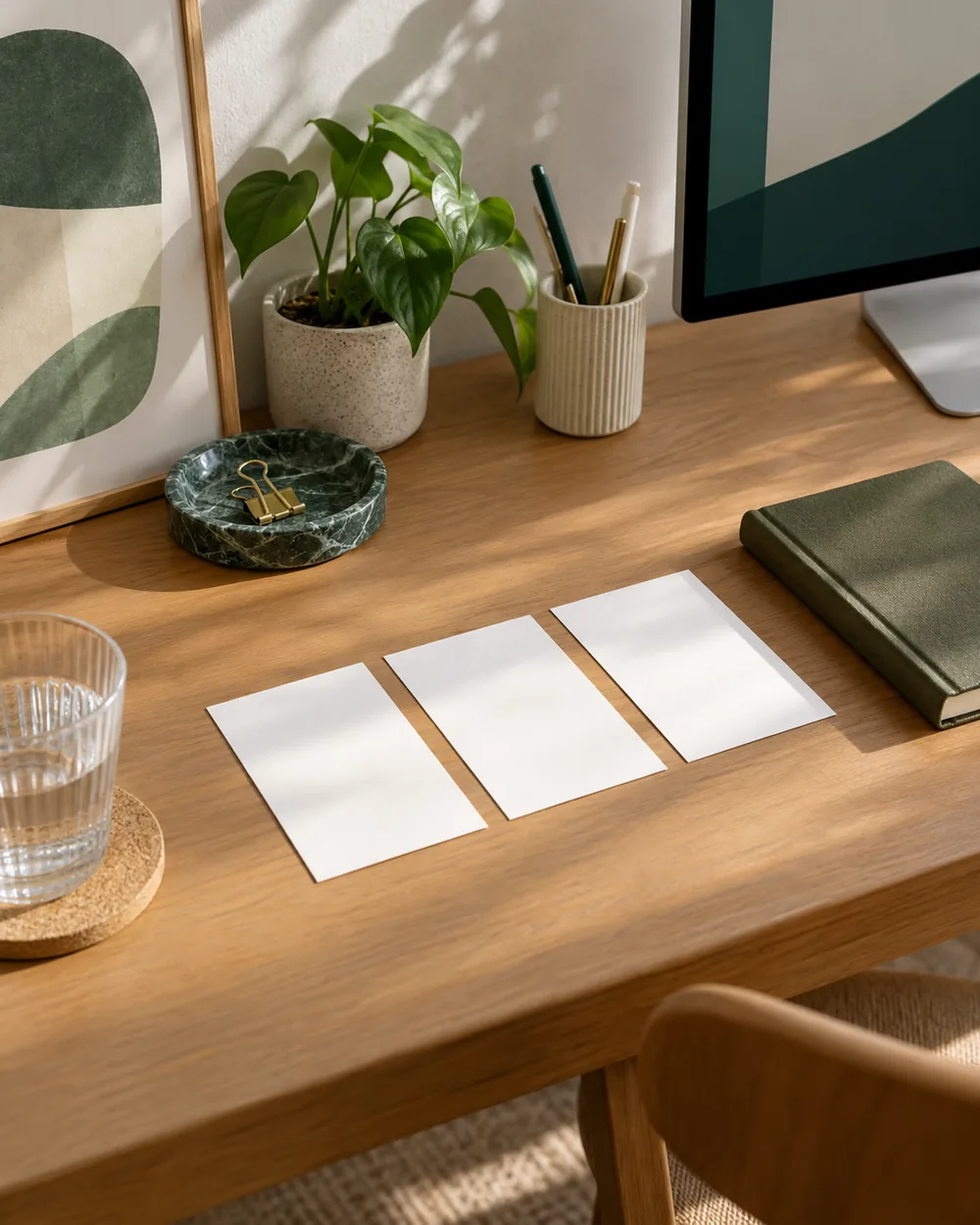 three blank paper cards in a narrow row on clear desk beside closed notebook