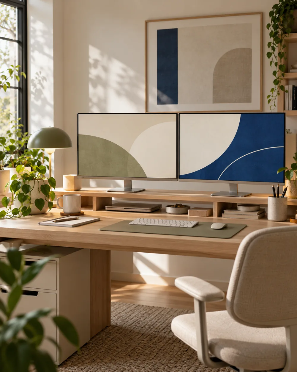 two plain monitors on broad desk with abstract neutral screens