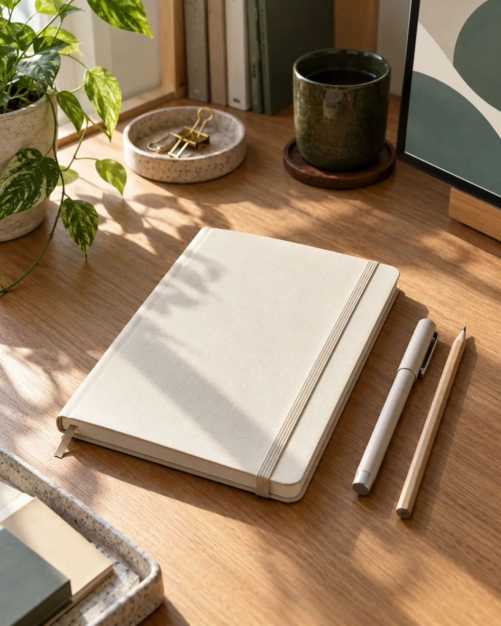 closed blank notebook with one capped pen and plain pencil