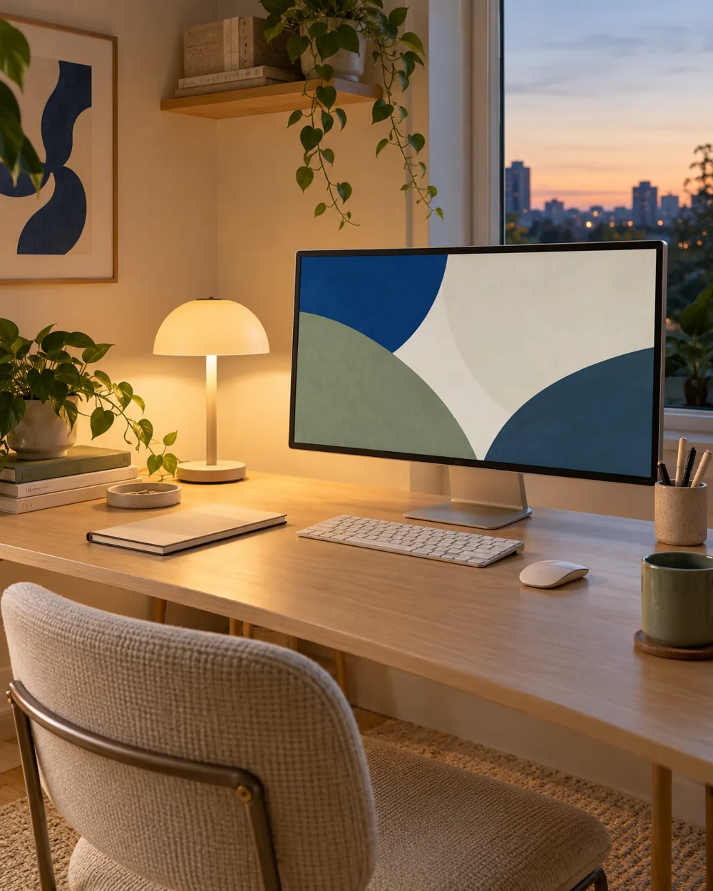 quiet evening desk with plain lamp and abstract screen, no people