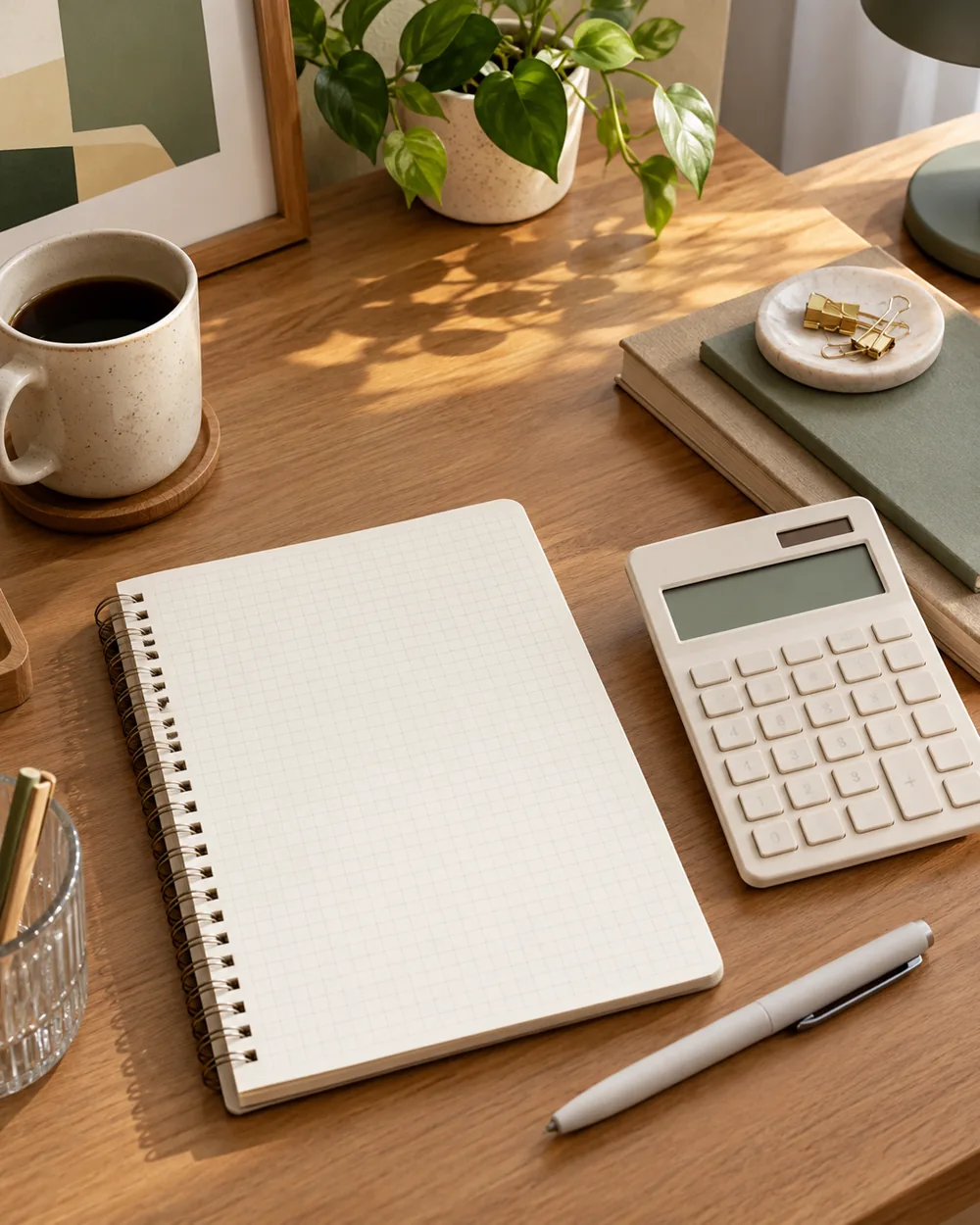 blank grid notebook beside plain calculator with blank display and pen