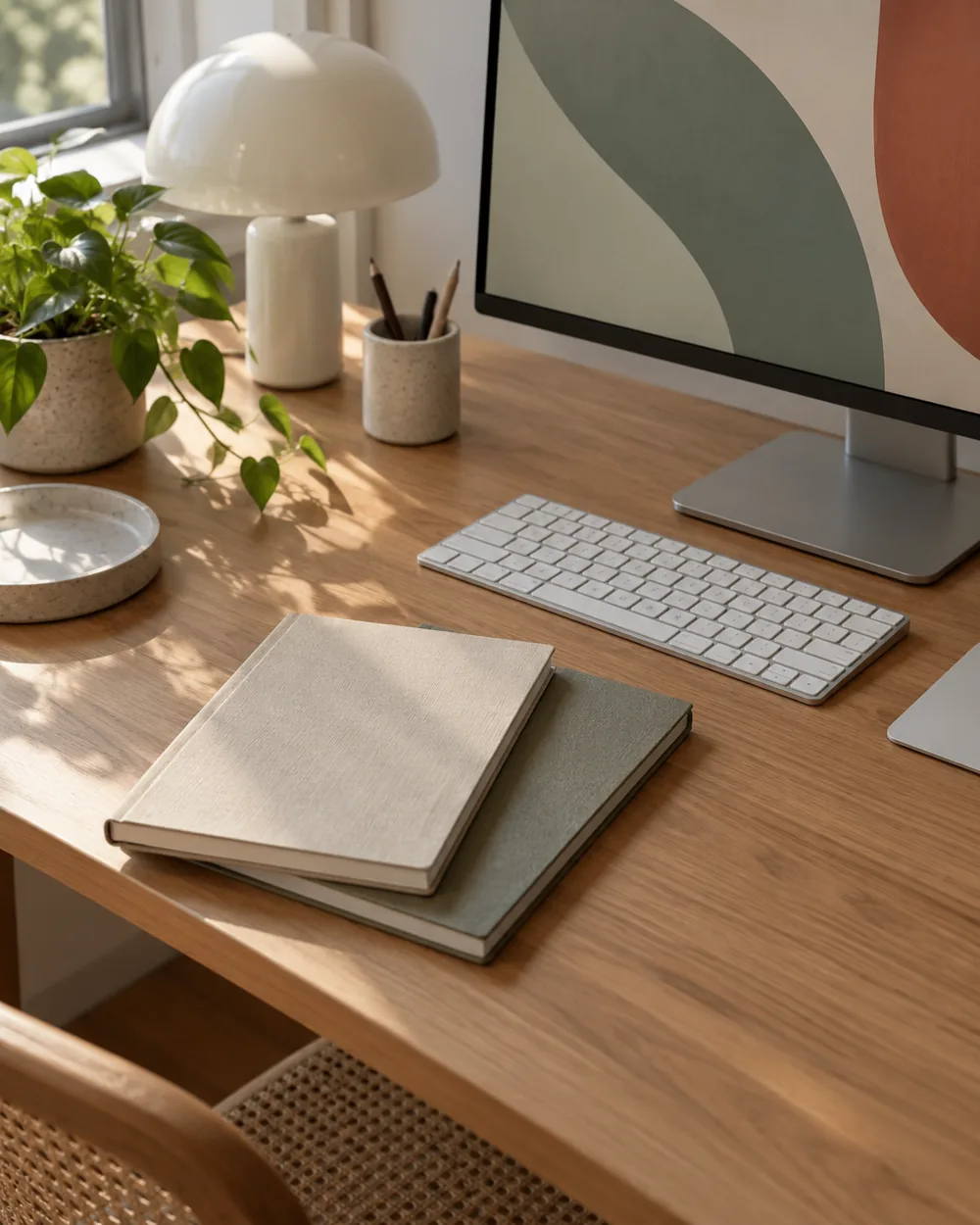 clear desk with plain keyboard and two closed neutral notebooks