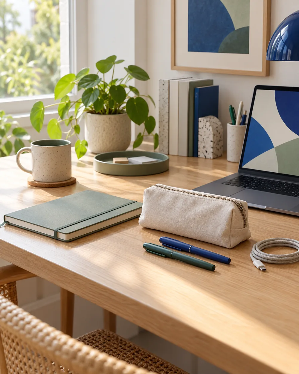 plain pouch with capped pens closed notebook and unplugged cable