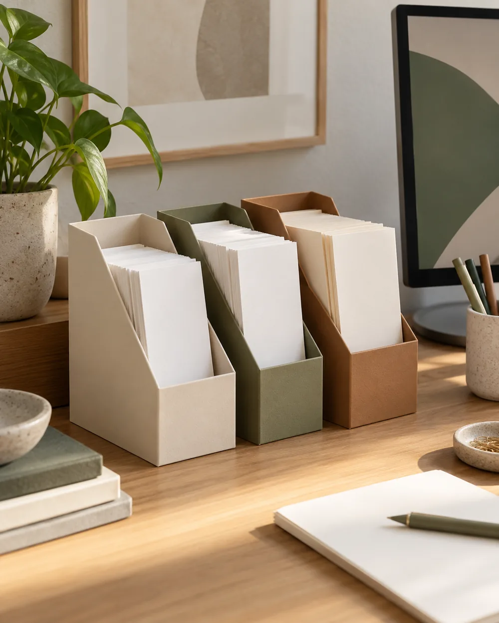 blank paper notes grouped in three neutral folders on desk