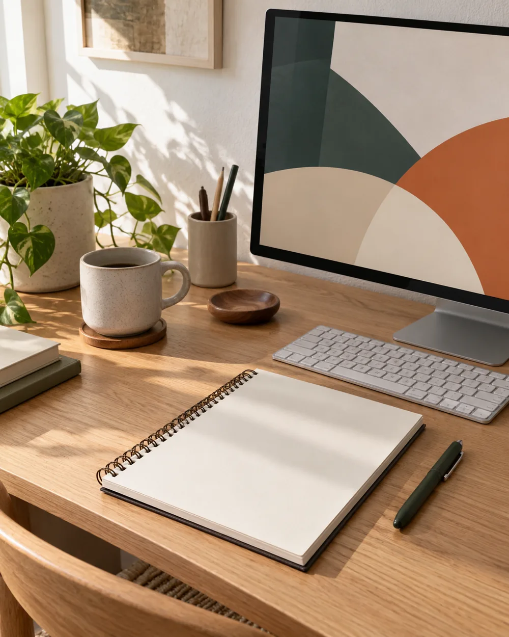 plain desk with abstract screen beside blank layout sketch notebook