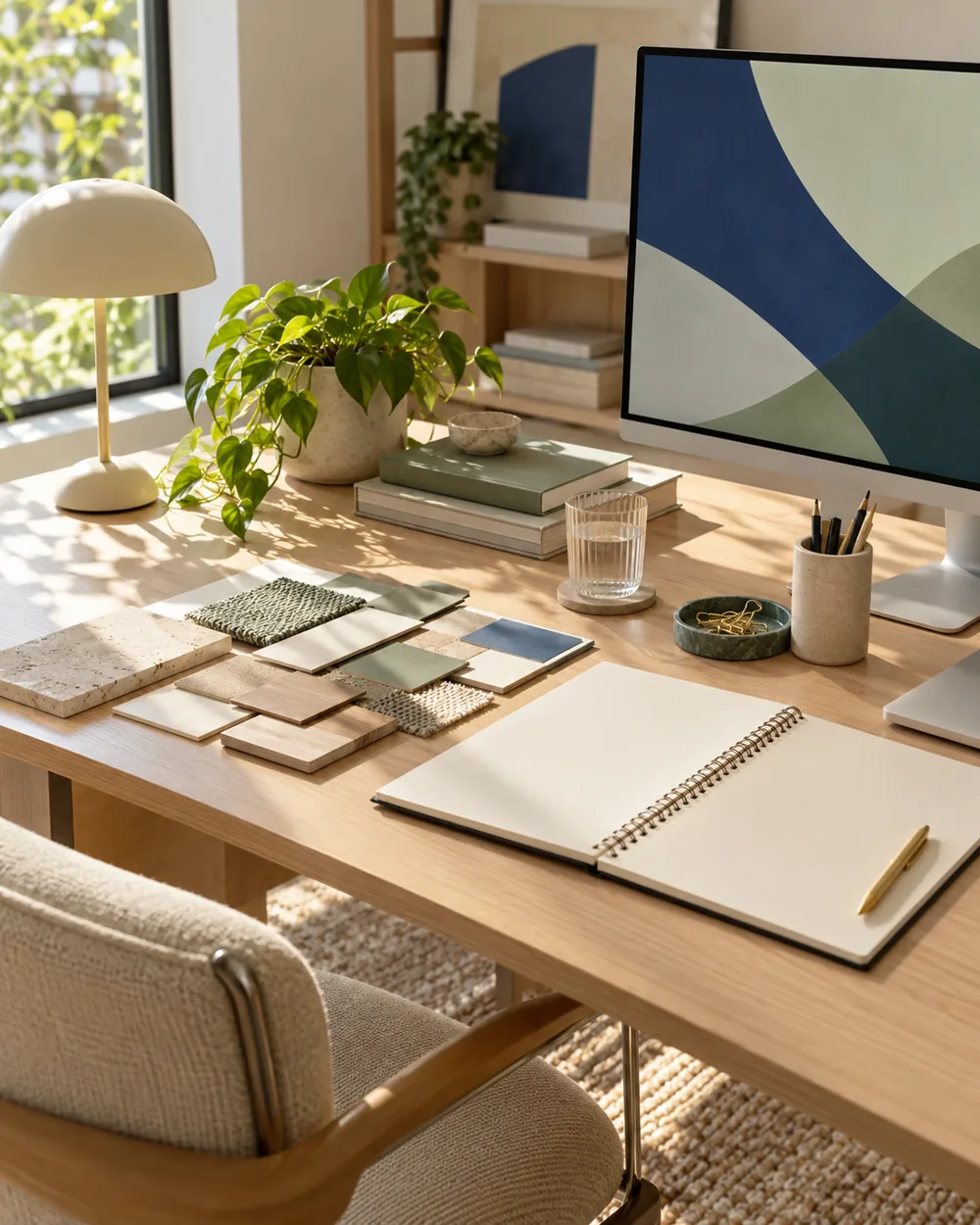 desk with neutral material swatches and blank palette notebook