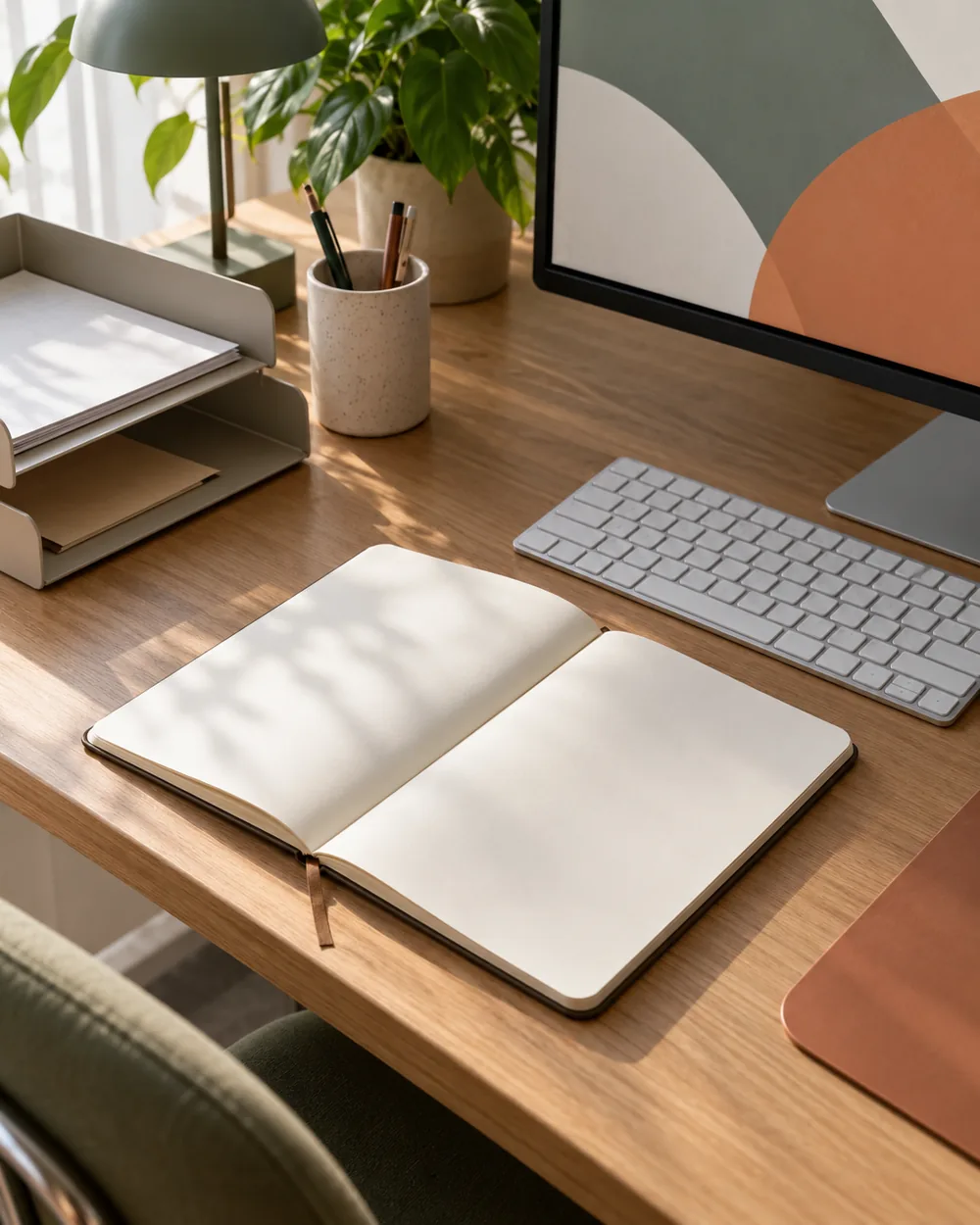 blank comparison notebook beside plain keyboard and displaced paper tray