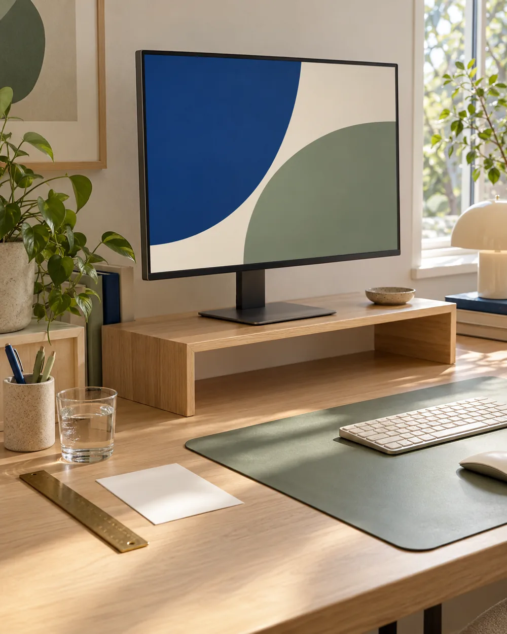 plain monitor stand on desk beside ruler and blank note card