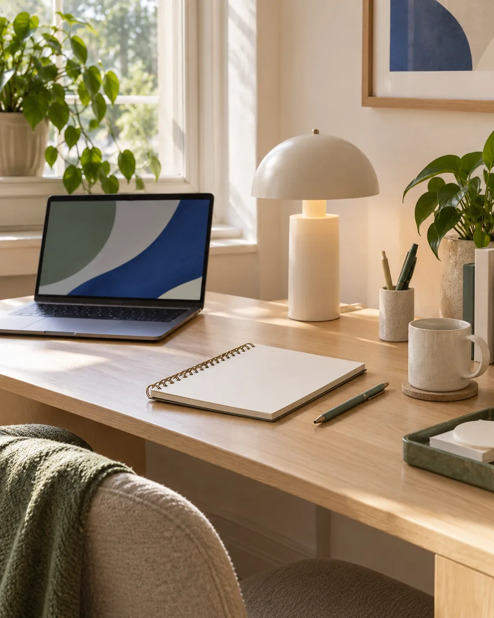 desk with plain lamp blank observation notebook and neutral surface
