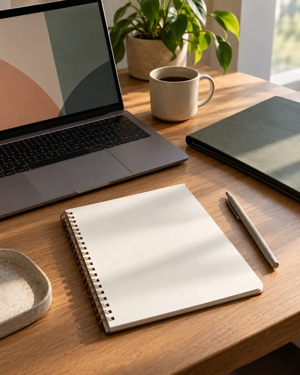 blank private note page beside plain laptop and closed folder