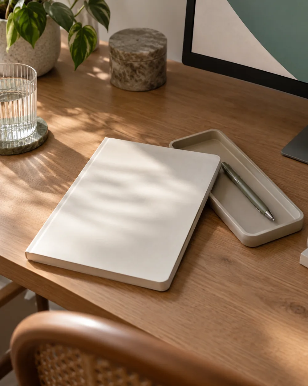 blank notebook slightly overlapping plain pen tray on desk