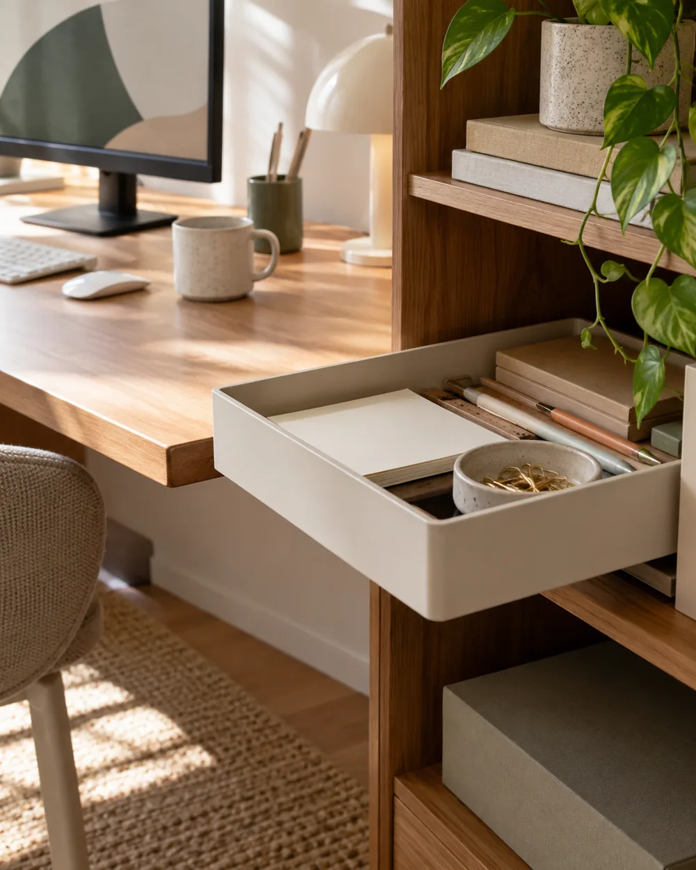 plain shallow container pulled partly from open shelf beside desk