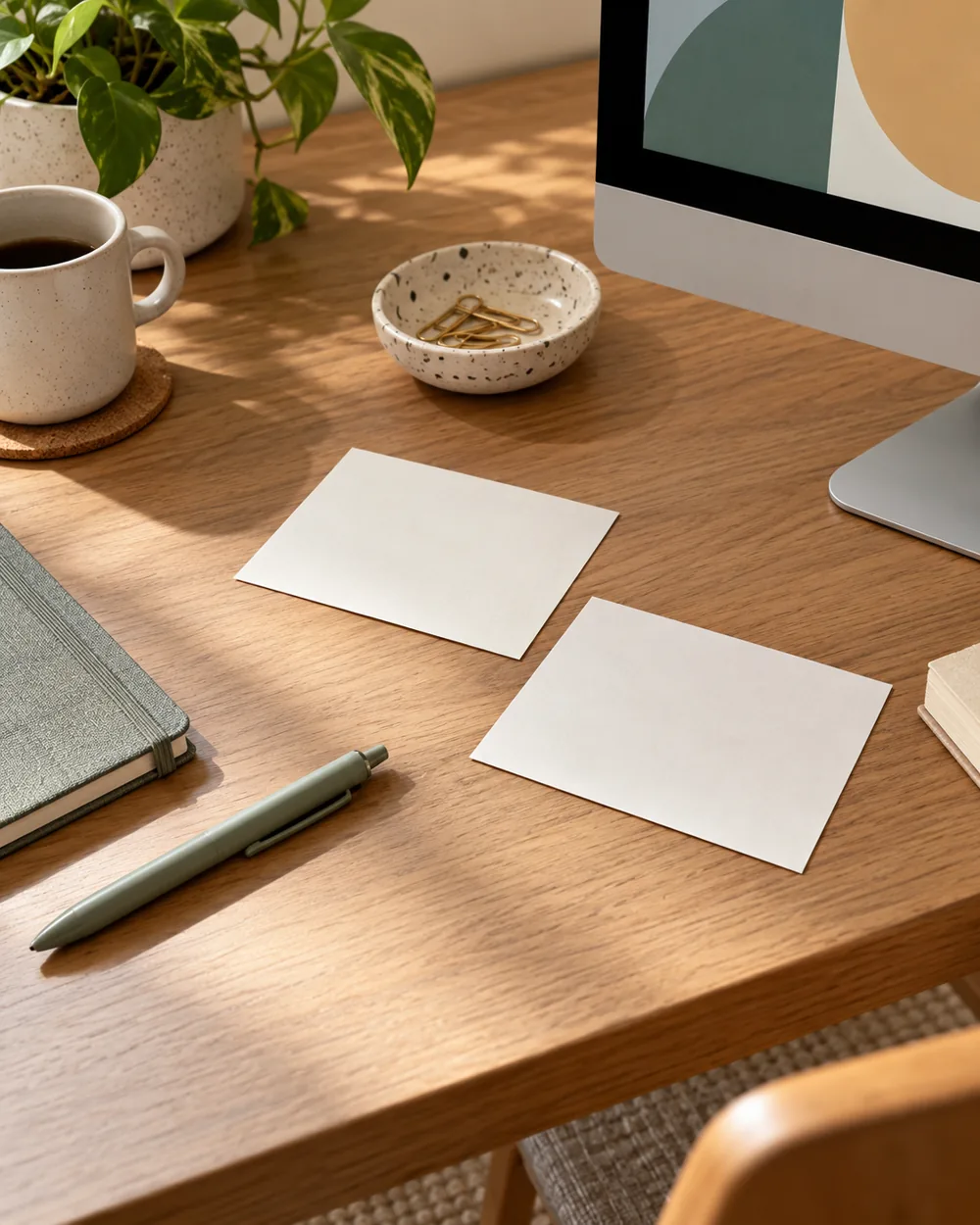 two plain blank reference cards beside unchanged neutral stationery set