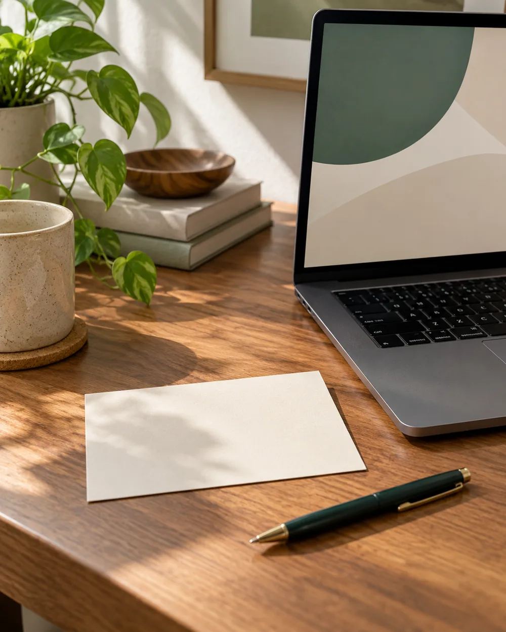 blank source note card beside plain laptop abstract screen