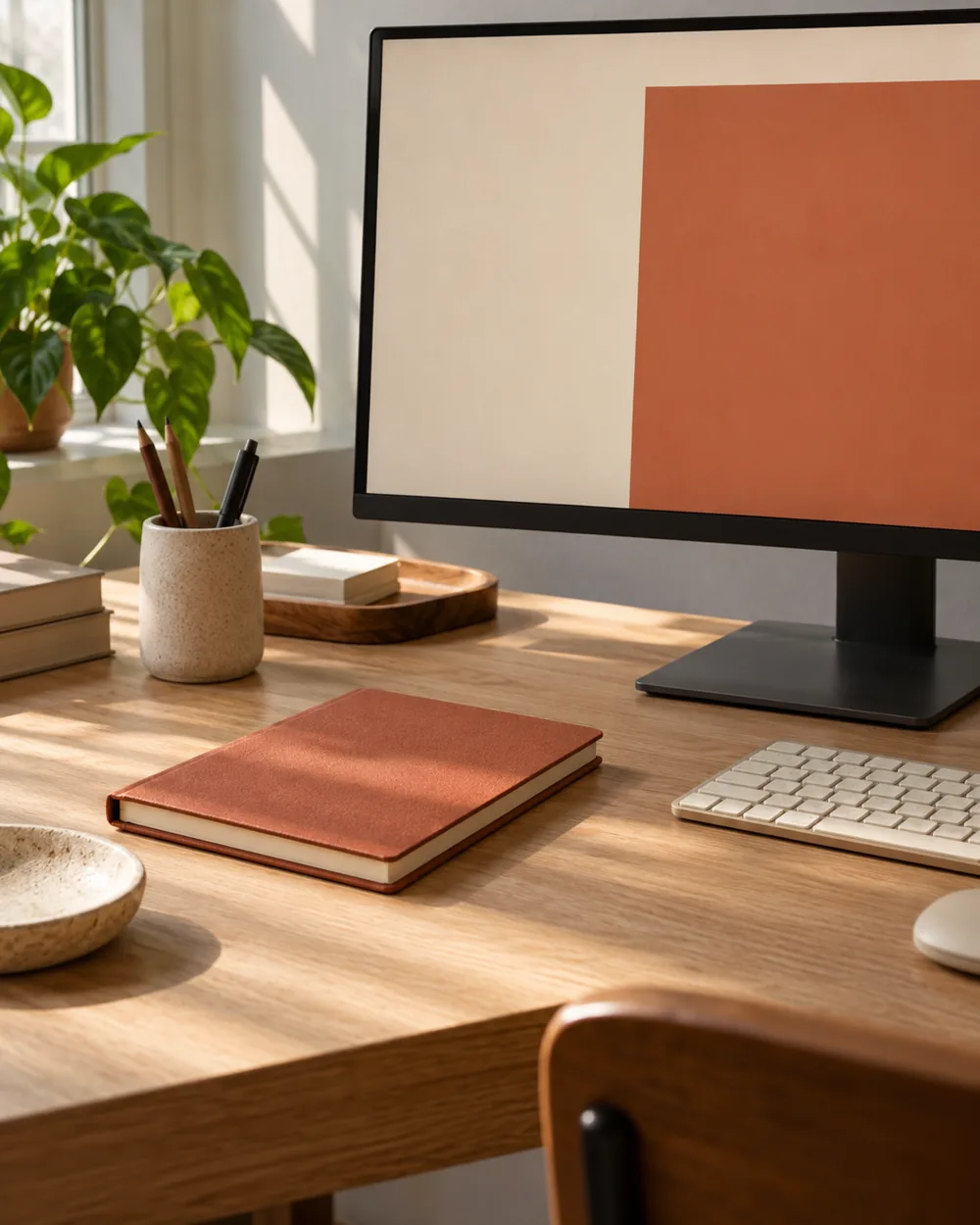 plain monitor showing cream and terracotta rectangle beside muted rust notebook