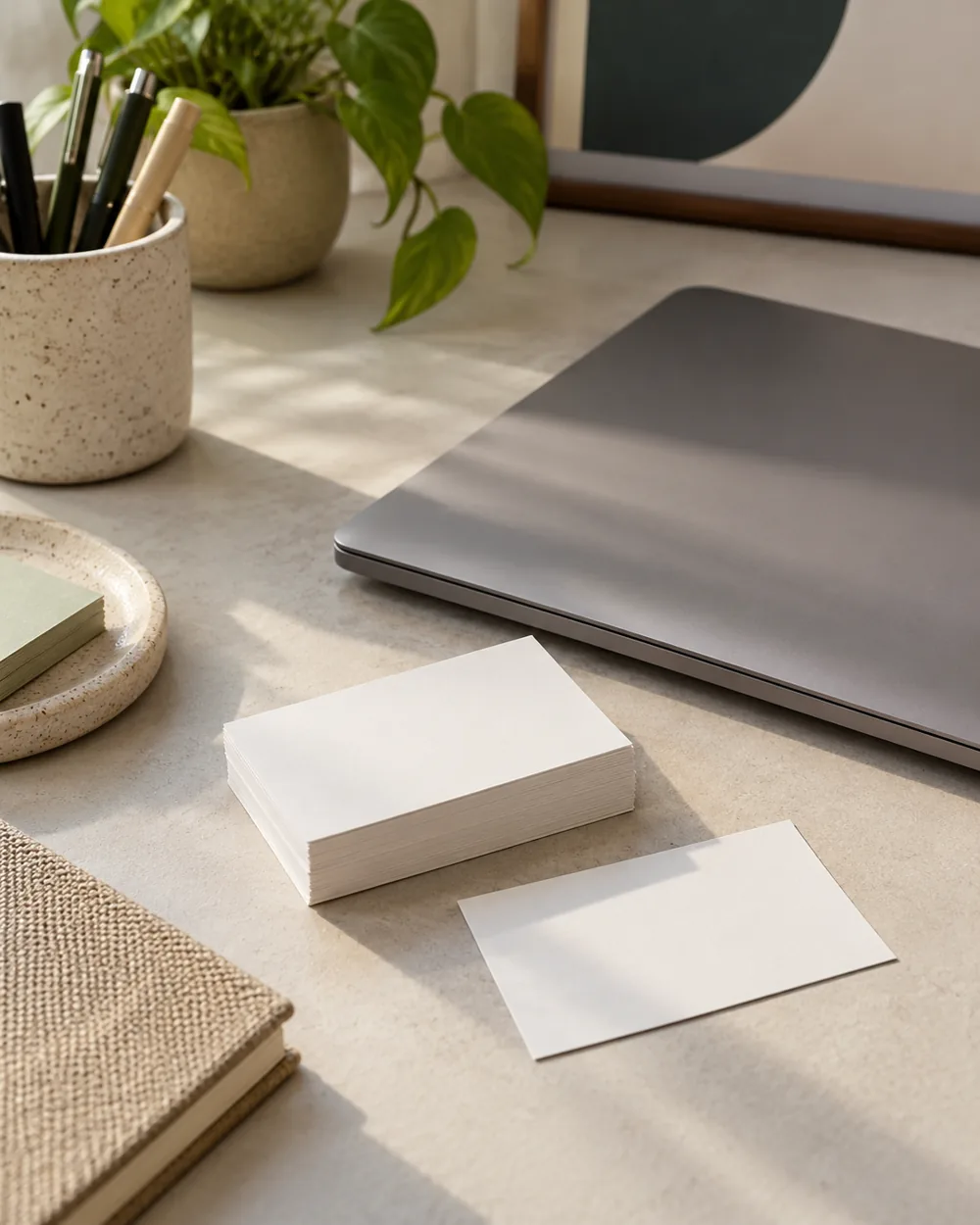 blank index cards beside closed laptop on quiet neutral desk