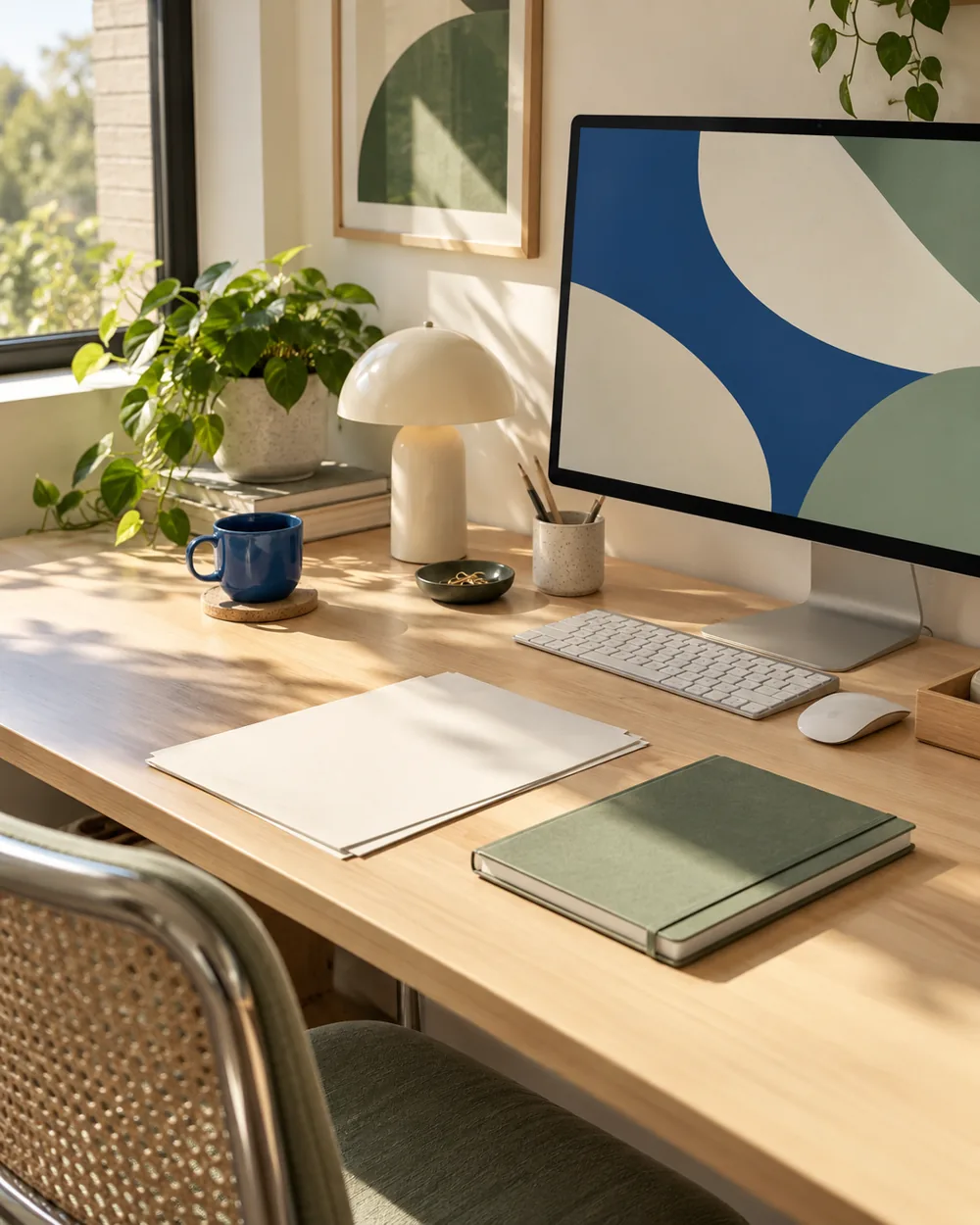 few blank paper sheets beside closed notebook on clear desk
