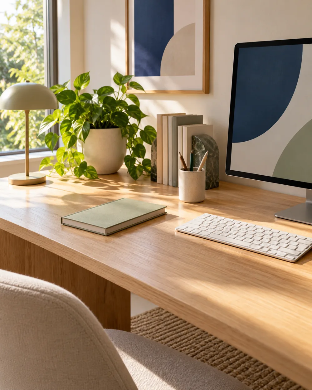 clear neutral desk with closed notebook and plain keyboard in simple positions