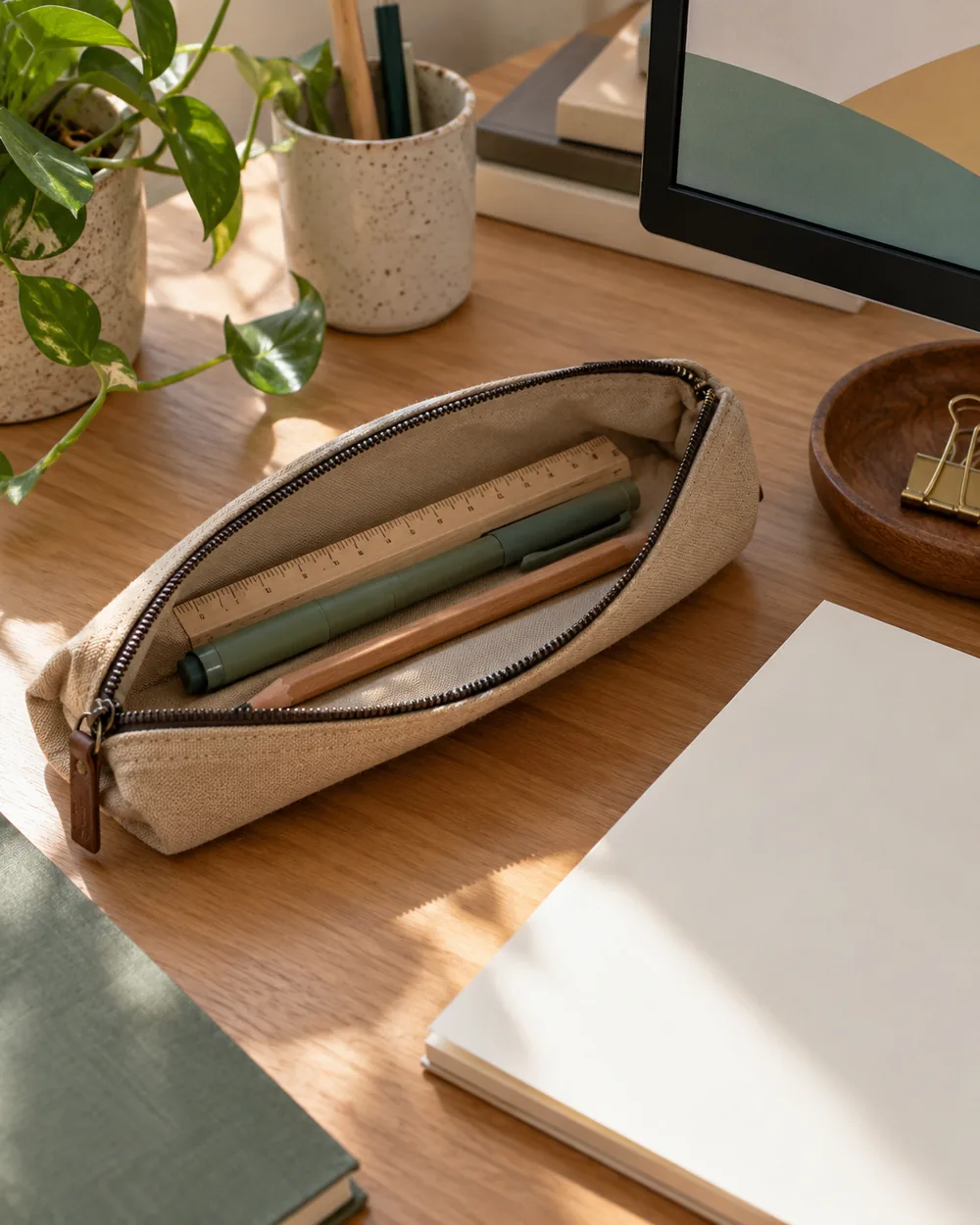 open plain pencil pouch with ruler capped pen and pencil on desk